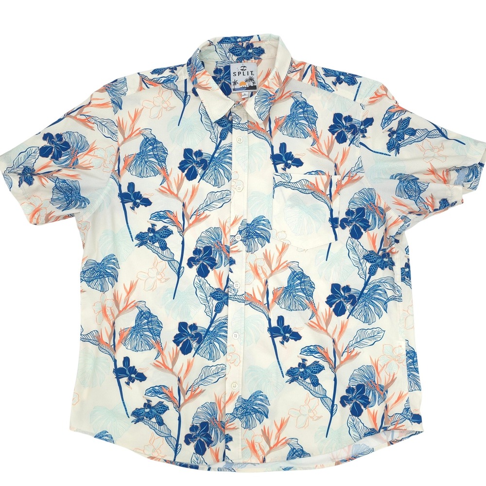 Split Button Down Shirt Mens XL Tropical Short Sleeve